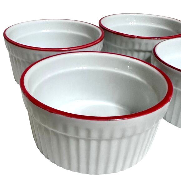 World Market White Ceramic Ribbed Ramekins Red Rim-Set of 7-Excellent! - Picture 1 of 7